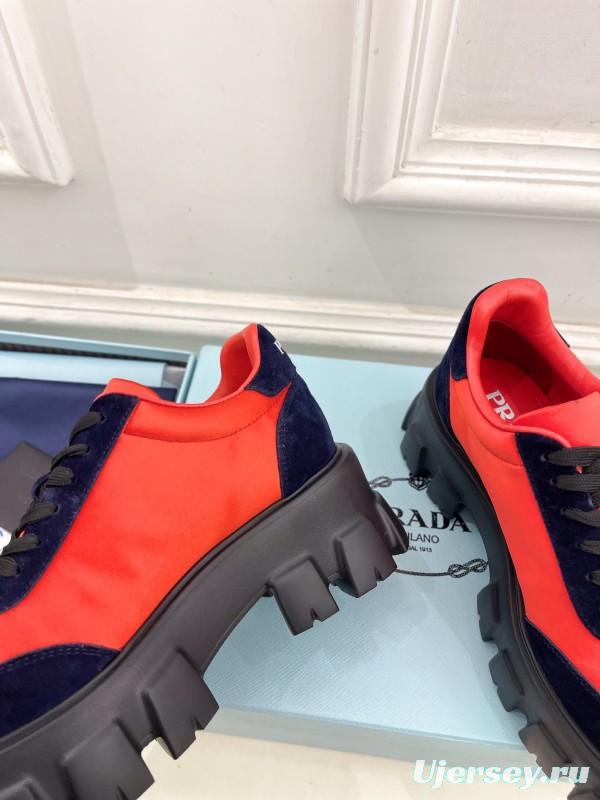 2025 Unisex Prada Red Navy Suede Silk Sneakers KFY00310(F)/KFY00330(M)