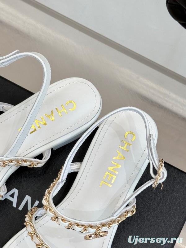 2025 Women Chanel White Leather Chain Strap Sandals