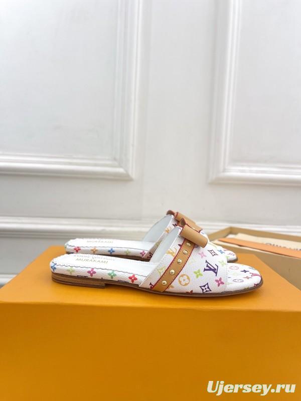 2025 Women Louis Vuitton White Multicolor Leather Slippers KFY00290