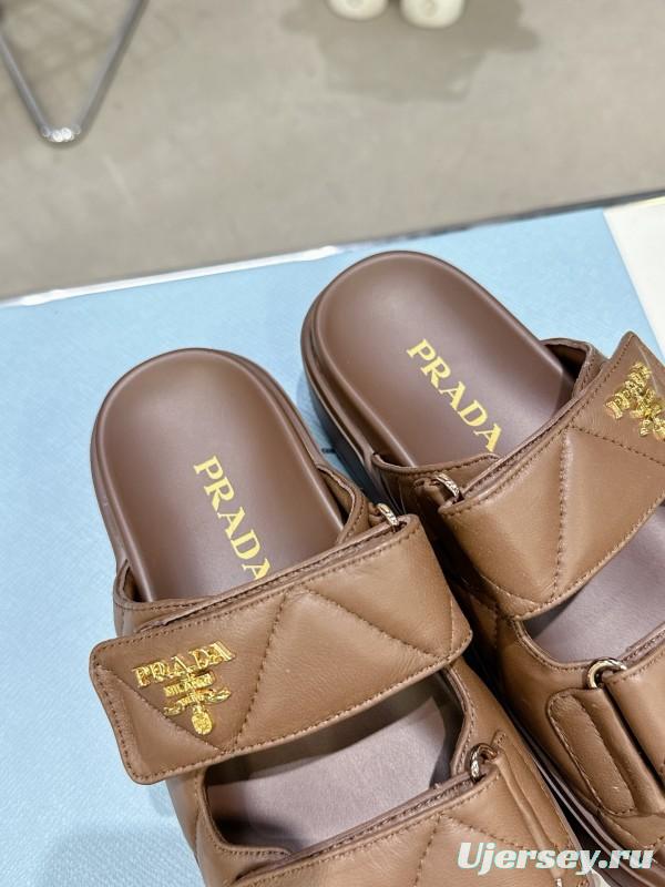 2025 Women Prada Brown Leather Sandals