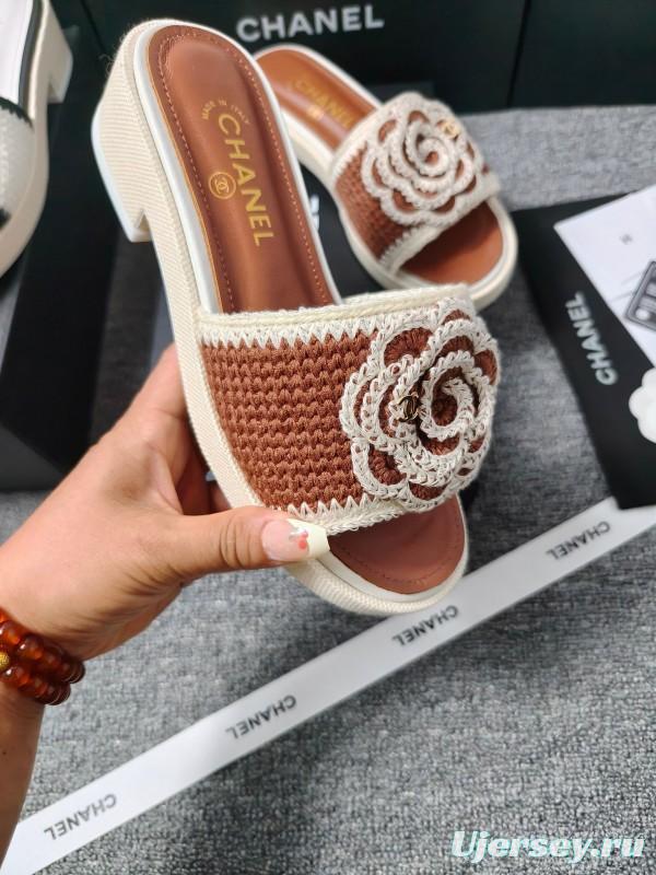 2025 Women Chanel Brown White Leather Slippers