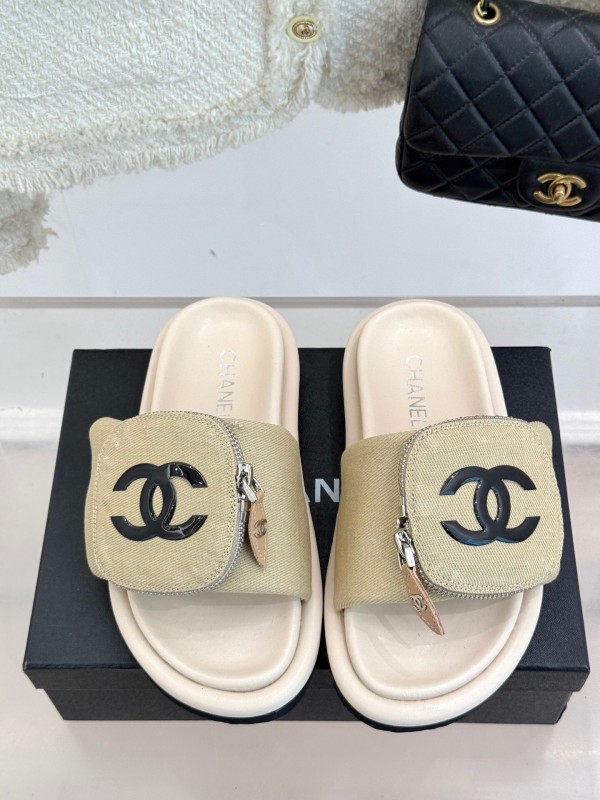 2025 Slippers Chanel Beige Fabric Slippers KFY00220