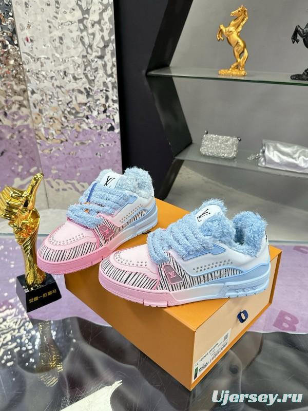 2024 Unisex Louis Vuitton Blue Pink Leather Sneakers