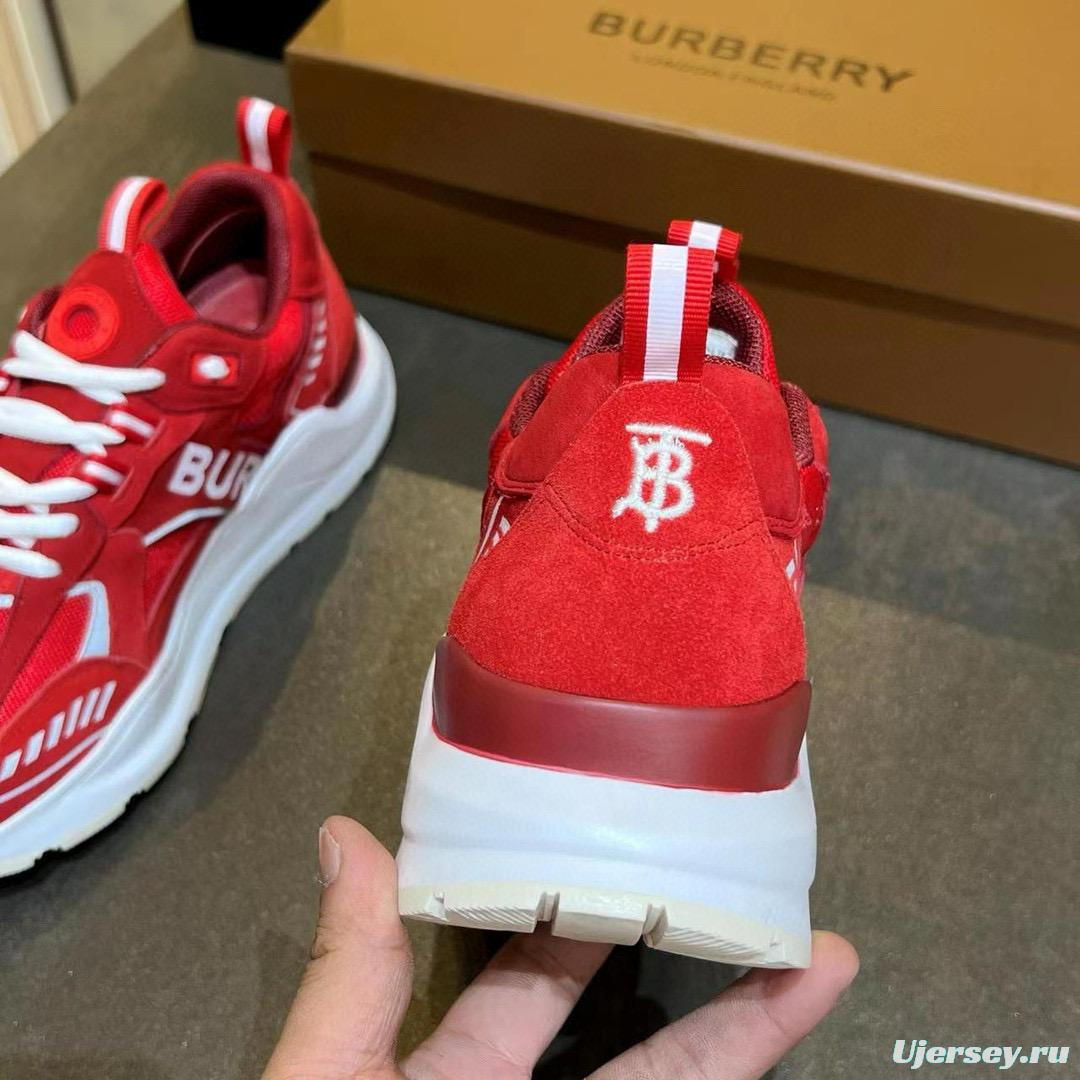 2025 Unisex Burberry Red Suede Leather Mesh Platform Sneakers MJ00380
