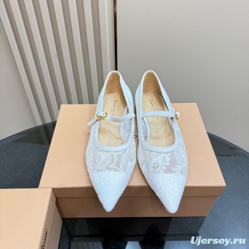 2025 Women Gianvito Rossi White Lace Leather Low Heel Ballerina KFY00260