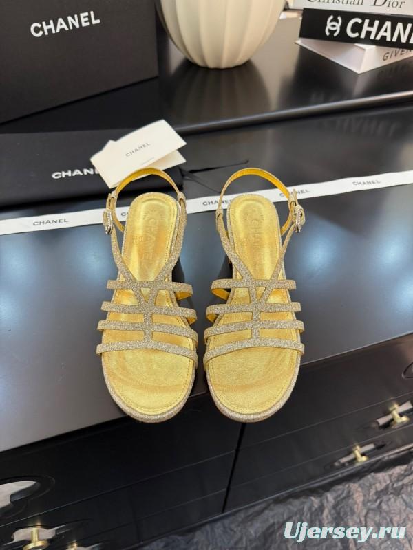 2025 Women Chanel Gold Fabric Sandals KFY00289
