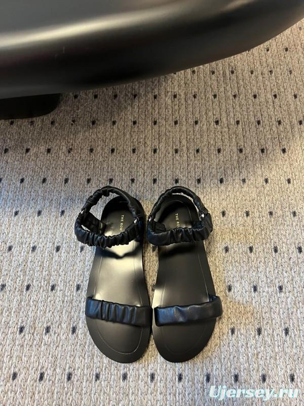 2025 Women The Row Black Leather Flat Sandals KFY00270