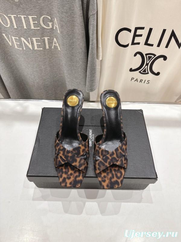 2025 Women Yves Saint Laurent Leopard Print Leather High Heel Sandals