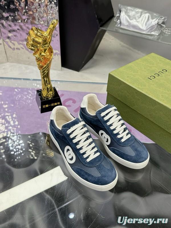 2024 Unisex Gucci Blue Navy White Suede Leather Sneakers MJ00310