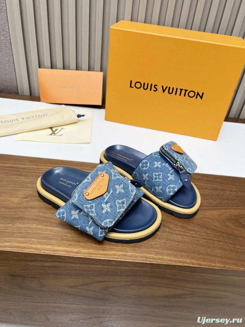 2025 LV Blue Denim Leather Slippers
