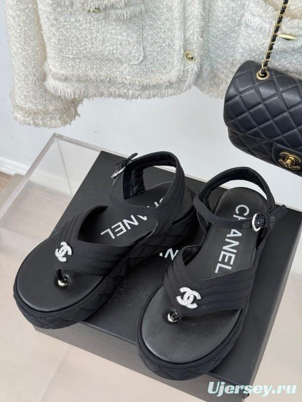 2025 Women Chanel Black Fabric Platform Sandals