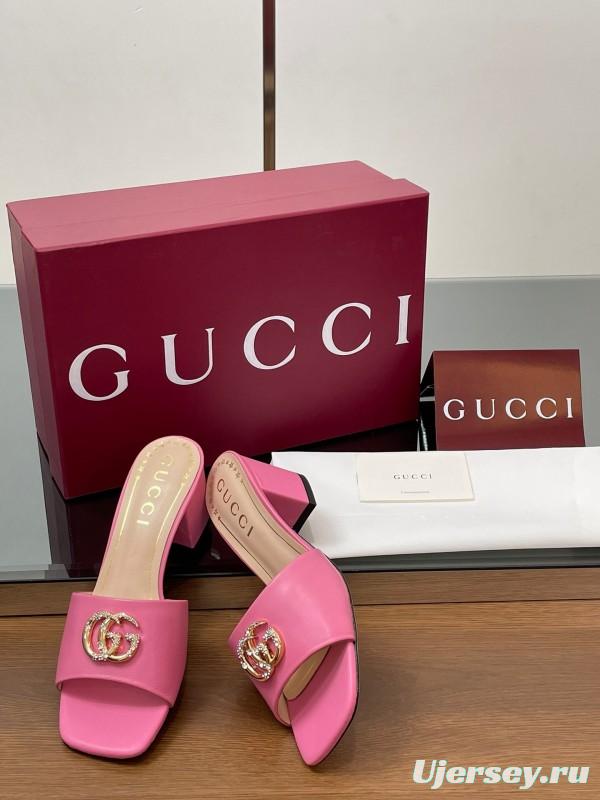 2025 Women Gucci Pink Lambskin Mid Heel Crystal GG Buckle Slide LY00280