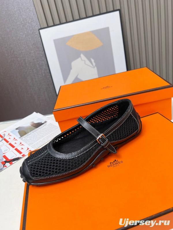 2025 Women Hermès Black Leather Mesh Mary Jane LY00230