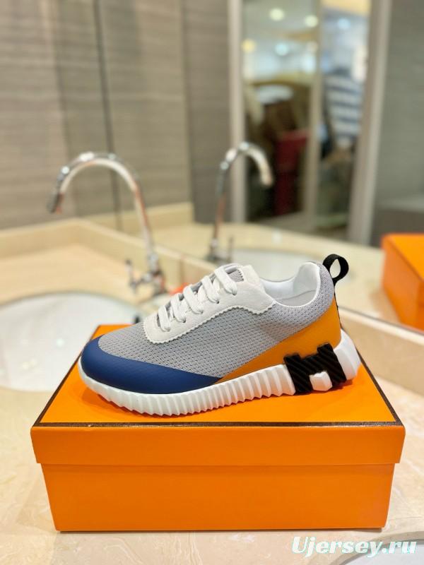 2024 Unisex Hermès Blue Grey Orange Suede Rain Cloth Sneakers MJ00320