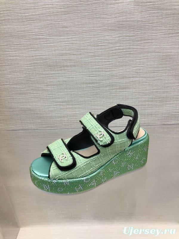 2025 Slippers Chanel Mint Green Textile Platform Sandals LY00330