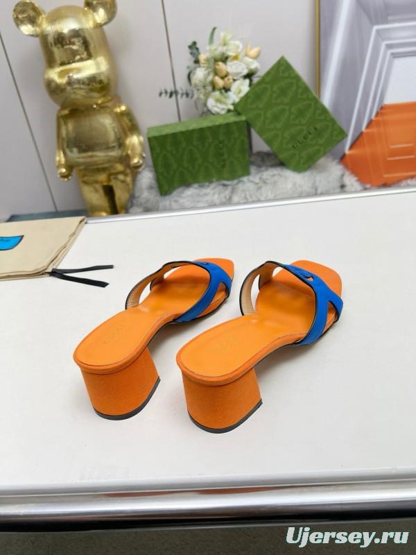 2025 Gucci Orange Blue Leather Slippers