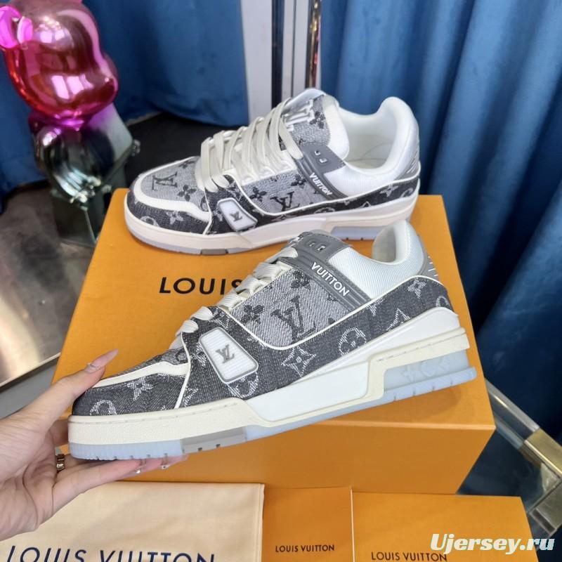 2025 Unisex Louis Vuitton Grey White Fabric Leather Sneakers