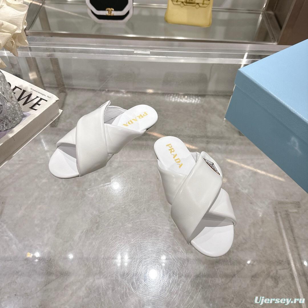 2025 Women Prada White Leather Slippers
