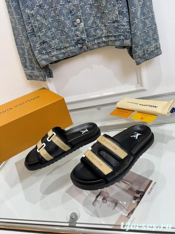 2025 Slippers Louis Vuitton Black Beige Leather Mesh Slippers LY