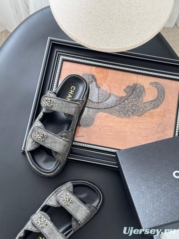 2025 Women Chanel Grey Fabric Leather Sandals Magic Tape LY00310