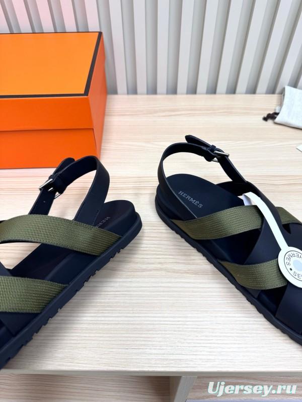 2025 Women Hermès Black Green Leather Nylon Sandals LY00270