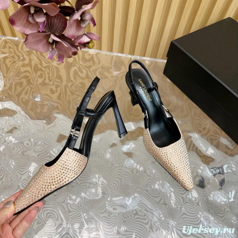 2024 Women Yves Saint Laurent Beige Rhinestone Silk Slingback Pumps MJ00320