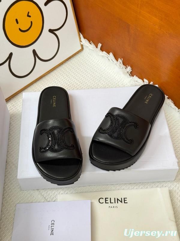 2025 Slippers CELINE Black Leather Slippers KFY00250
