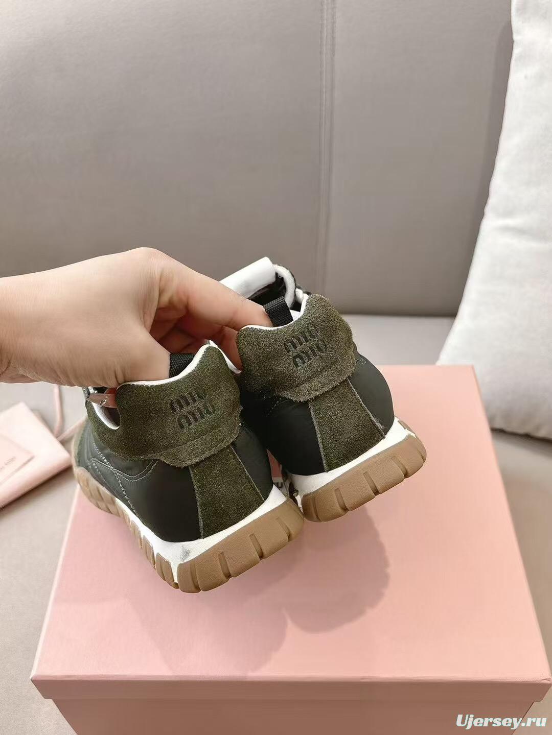 2025 Women Miu Miu Olive Green Suede Leather Sneakers KFY00280
