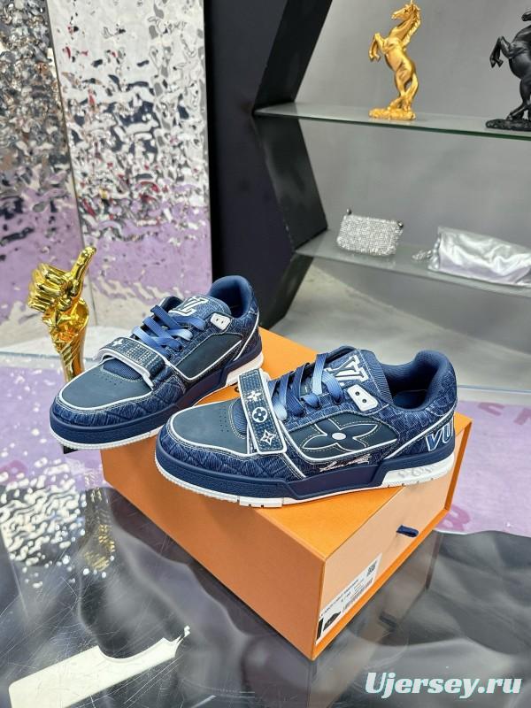 2024 Men Louis Vuitton Blue Denim Calfskin Silk Plimsolls Washed MJ00410