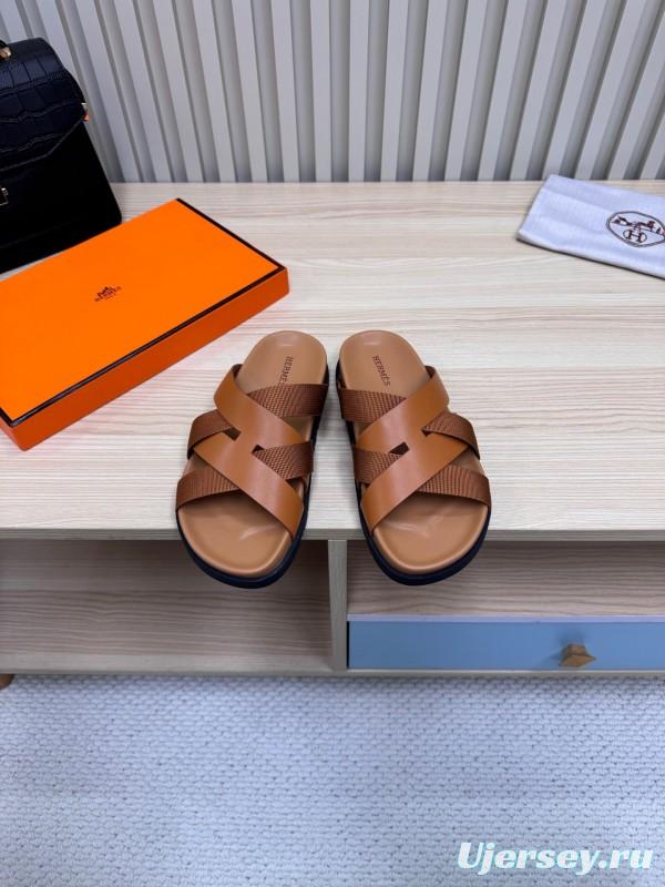 2025 Men Hermès Brown Leather Slippers