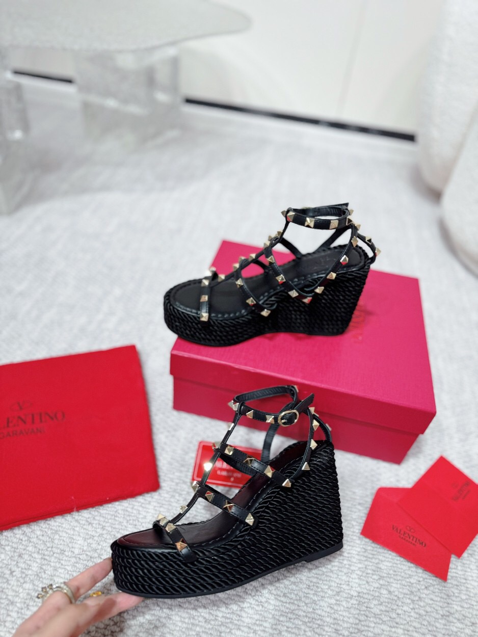 2025 Women Valentino Black Leather Studded Wedge Sandals