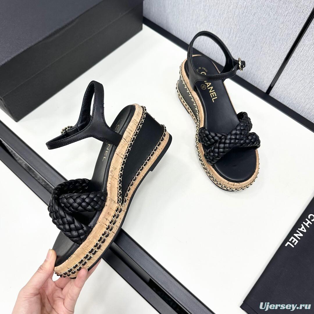 2025 Women Chanel Black Leather Braided Wedge Sandals