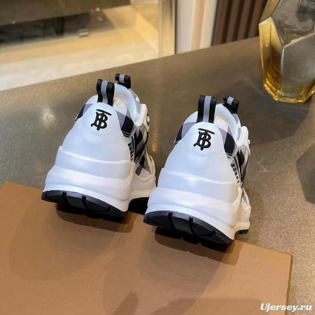 2025 Unisex Burberry White Black Cotton Leather Suede Chunky Sneakers Vintage Check MJ00380(F/W)