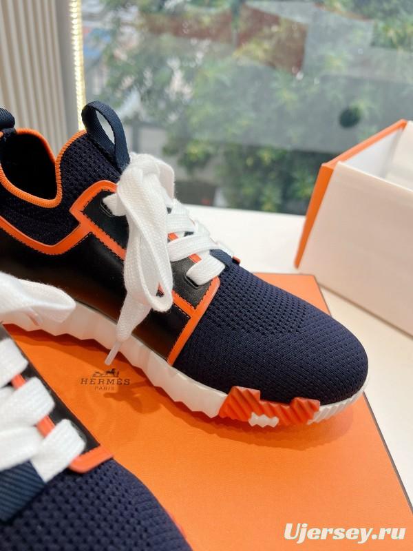 2024 Unisex Hermès navy orange knit leather sneakers