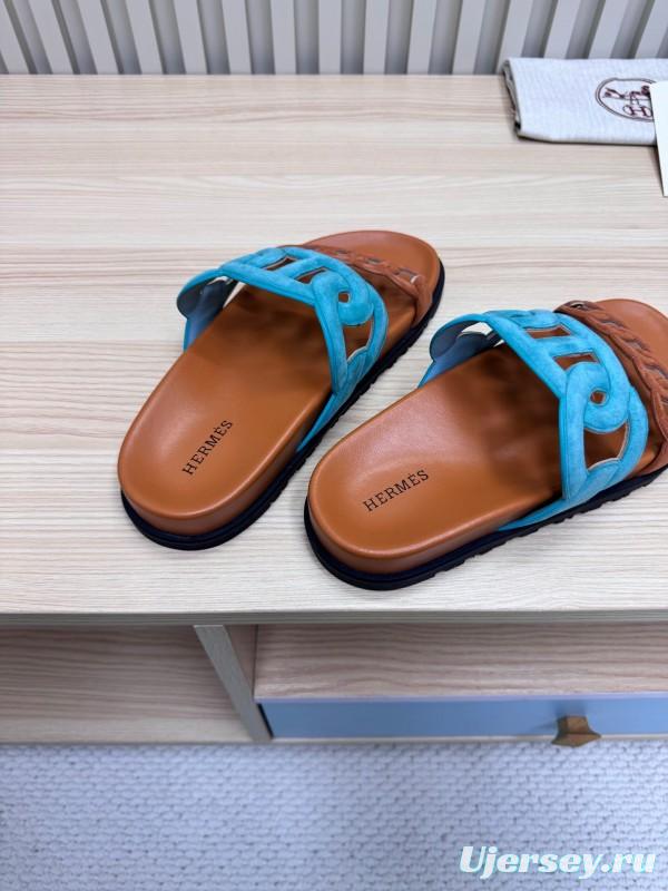 2025 Slippers Hermès Blue Brown Leather Slippers