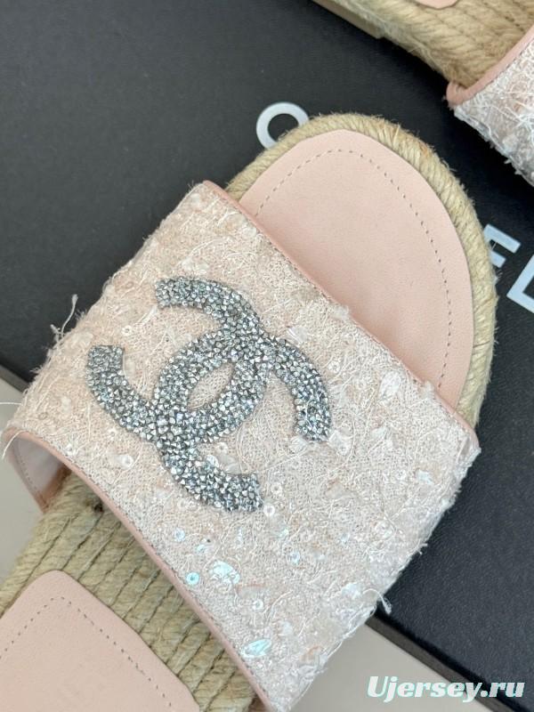 2025 Women Chanel Pink Tweed Espadrille Slide Sandals Handmade Craft KFY00240 (F)