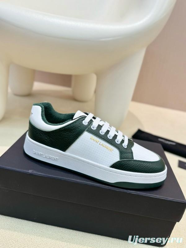 2024 Unisex Yves Saint Laurent White Dark Green Leather Silk Cowhide SL61 Casual Shoes Perforation MJ00350