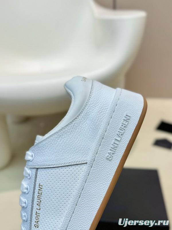 2024 Unisex Yves Saint Laurent White Silk Leather Sneakers Gold Hole Punch MJ00350