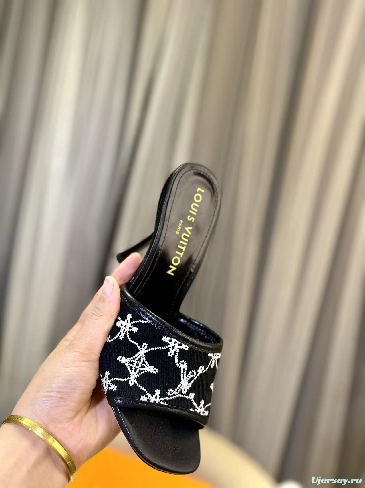 2025 Women Louis Vuitton Black White Embroidered Leather High Heel LY00250