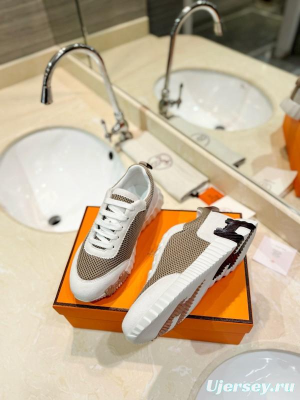 2024 Women Hermès beige white mesh leather sneakers