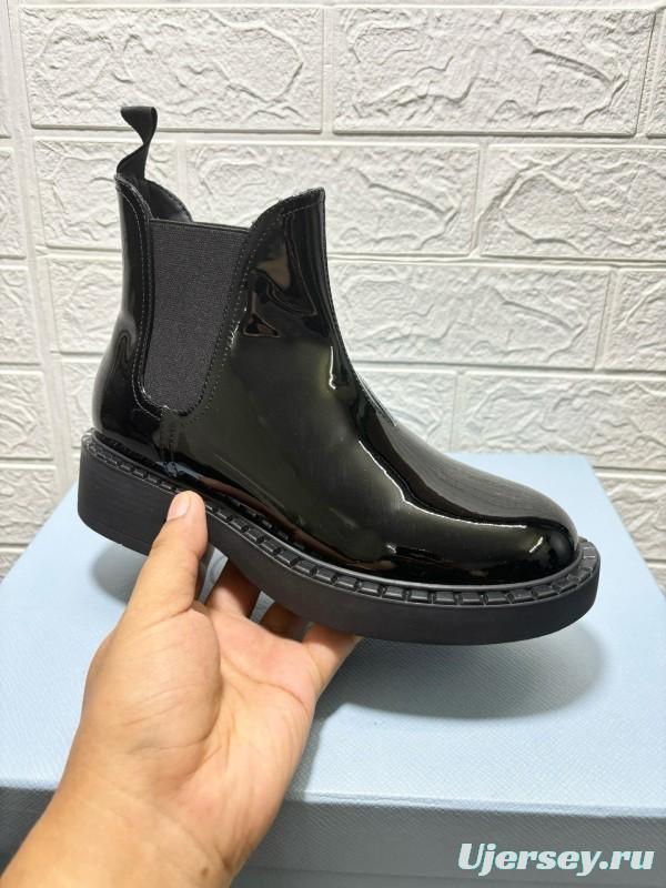 2024 Unisex Prada Black Patent Calf Leather Cowhide Leather Ankle Boots MJ00380