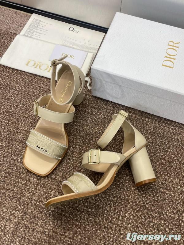 2025 Women Dior Beige Leather Sandals Ankle Strap KFY00320