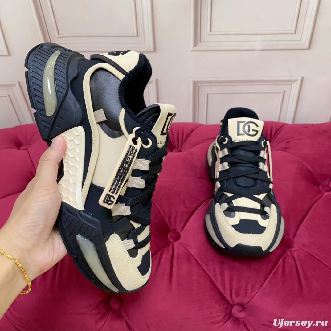 2025 Unisex Dolce & Gabbana Black Beige Leather Sneakers DG LY00340