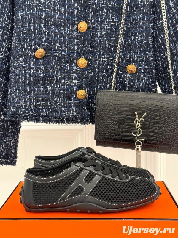 2025 Women Hermès Black Mesh Leather Sneakers
