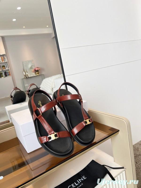 2025 Women Celine Brown Leather Flat Rome Sandals LY00220