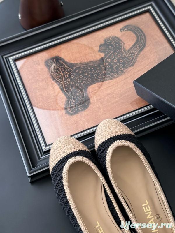 2025 Women Chanel Black Beige Knit Ballet Flats