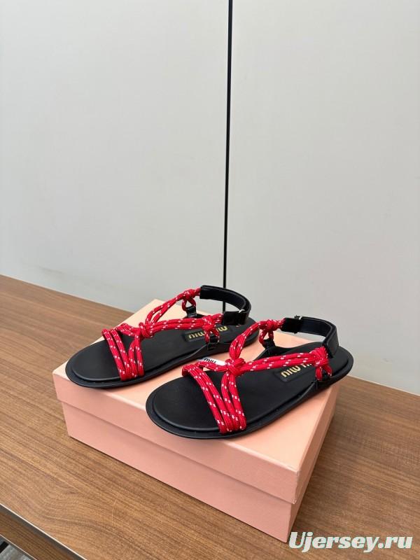2025 Women Miu Miu Red Rope Leather Sandals LY
