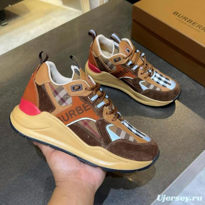 2025 Unisex Burberry Brown Beige Suede Leather Mesh Sneakers Checked Pattern MX00380