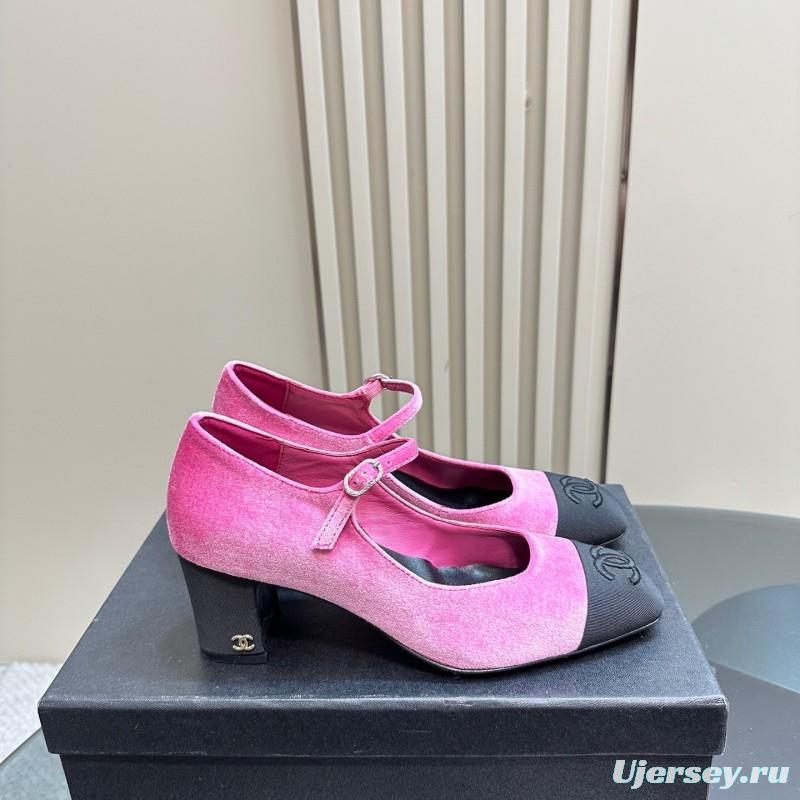 2025 Women Chanel Pink Black Velvet Mary Jane Shoes