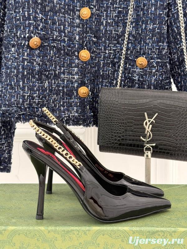2025 Women Gucci Black Patent Leather Slingback High Heel Chain Detail